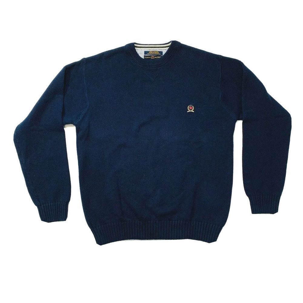 TOMMY HILFIGER Crested Knit Sweater‎ Pullover Crew Neck Heavyweight Navy Blue L